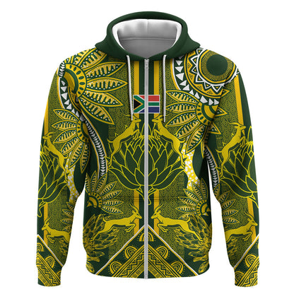 South Africa Rugby Custom Zip Hoodie Springbok with King Protea Inspired by African Heritage
