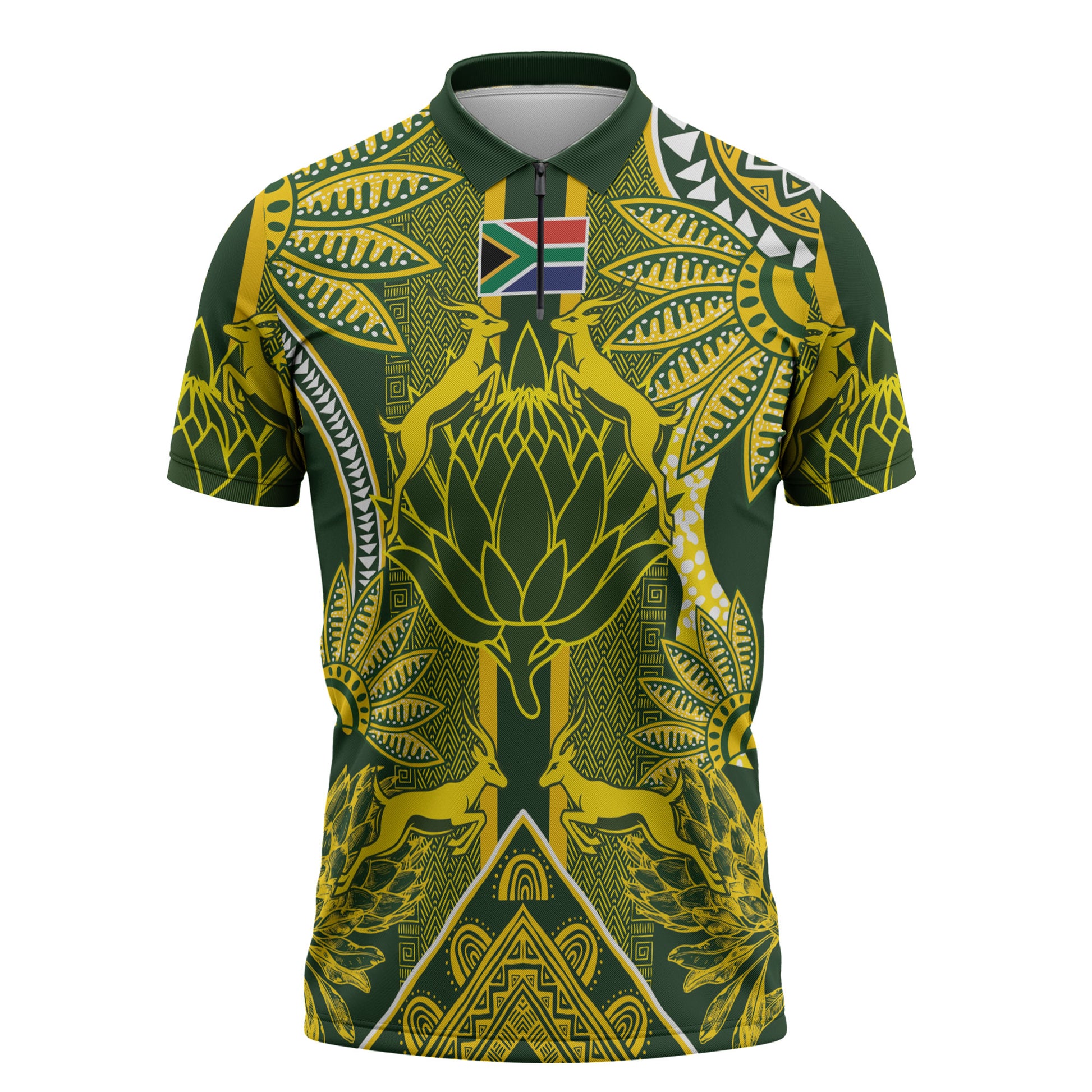 South Africa Rugby Custom Zipper Polo Shirt Springbok with King Protea Inspired by African Heritage