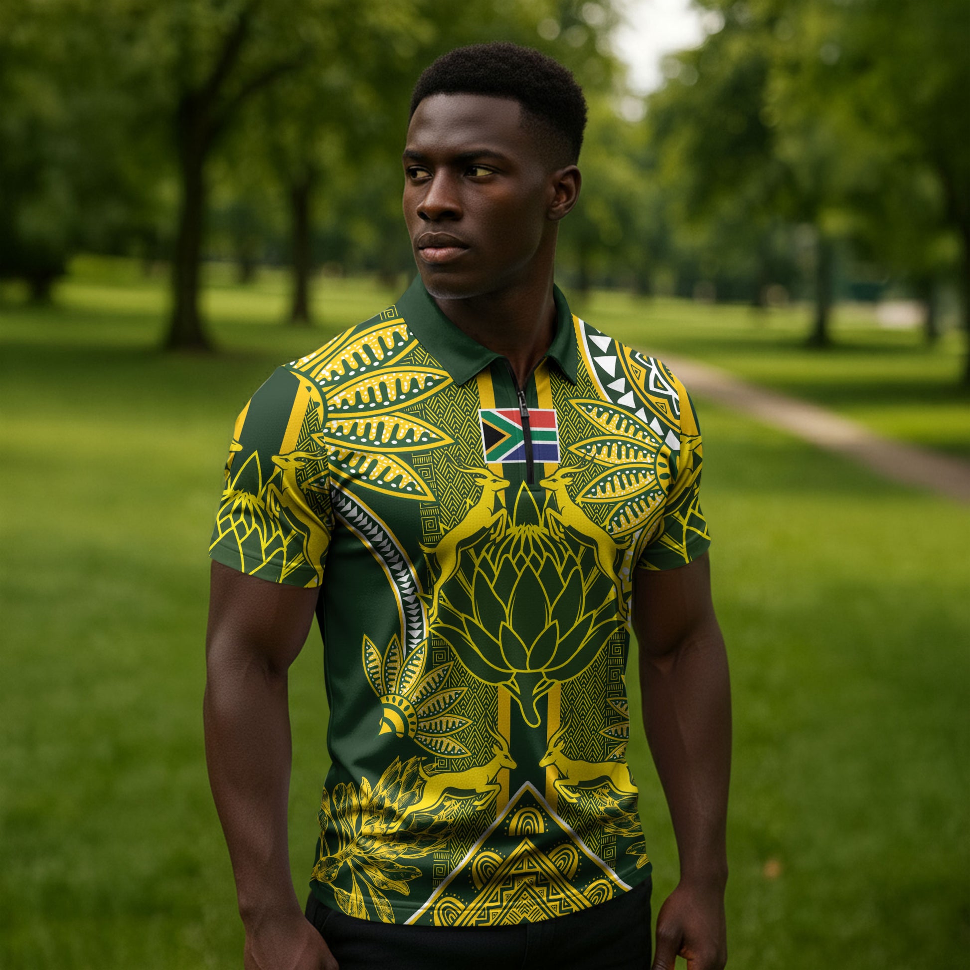 South Africa Rugby Custom Zipper Polo Shirt Springbok with King Protea Inspired by African Heritage