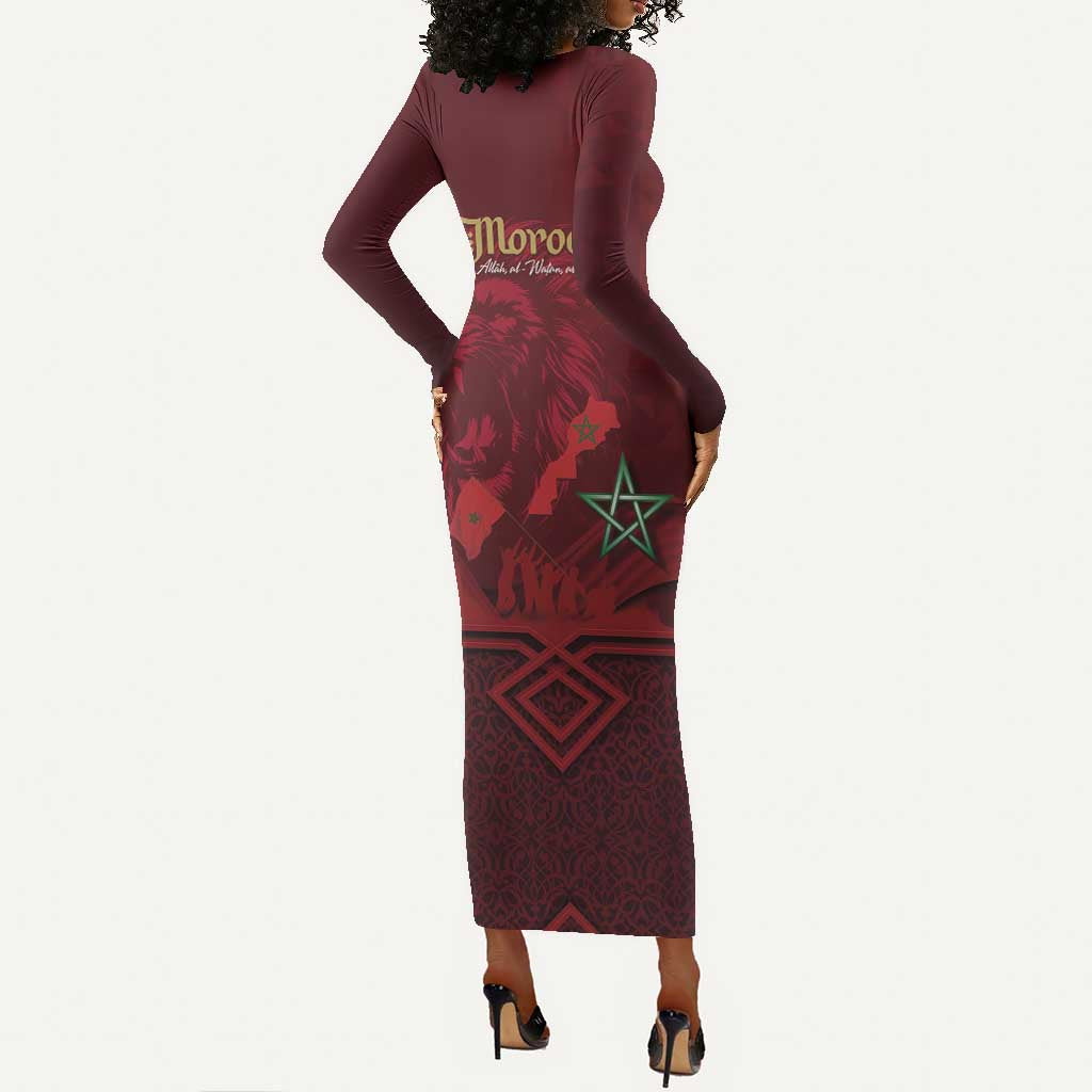 Happy Proclamation of Independence of Morocco Long Sleeve Bodycon Dress Barbary Lion's Roar - Fight for Free and Peace LT03
