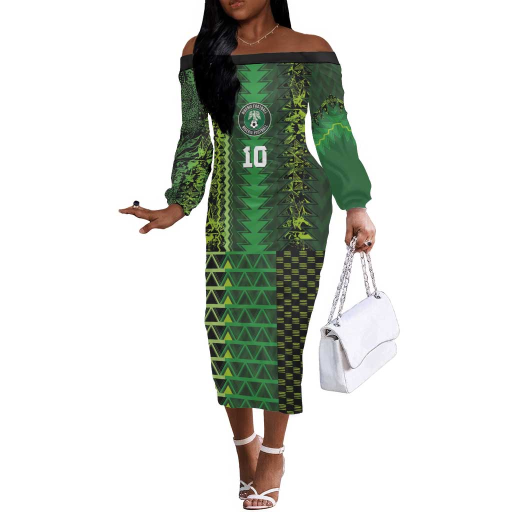 Custom Nigeria Football Off The Shoulder Long Sleeve Dress The Naija-Tribal Sporty Style - African Pride