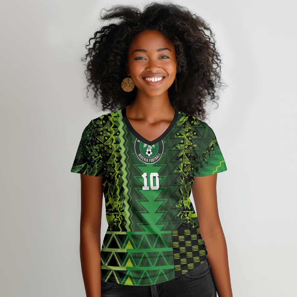 Custom Nigeria Football Women V-Neck T-Shirt The Naija-Tribal Sporty Style - African Pride