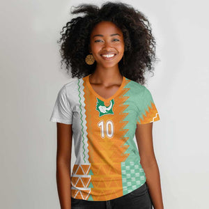 Custom Ivory Coast Football Women V-Neck T-Shirt Côte d'Ivoire-Tribal Sporty Style - African Pride