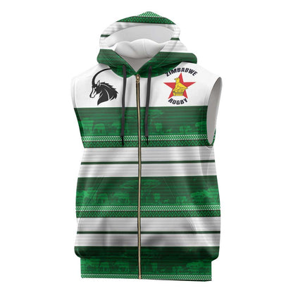 Custom Zimbabwe Rugby Sleeveless Zip Hoodie African Heritage Edition - African Pride
