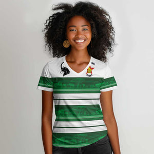 Custom Zimbabwe Rugby Women V-Neck T-Shirt African Heritage Edition - African Pride