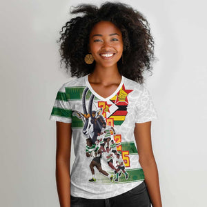 Custom Zimbabwe Rugby The Champions 2025 Women V-Neck T-Shirt Sables-Warriors of Africa - African Pride