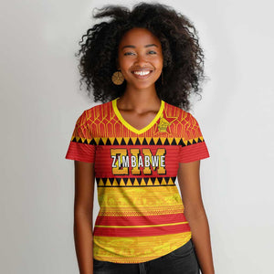 Custom Zimbabwe Cricket Women V-Neck T-Shirt African Heritage Edition - African Pride