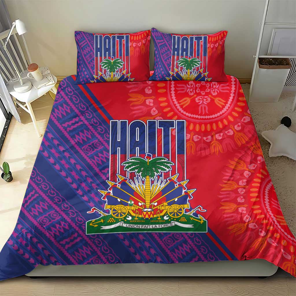 Haiti National Emblem Bedding Set Dashiki and Polynesian Pattern