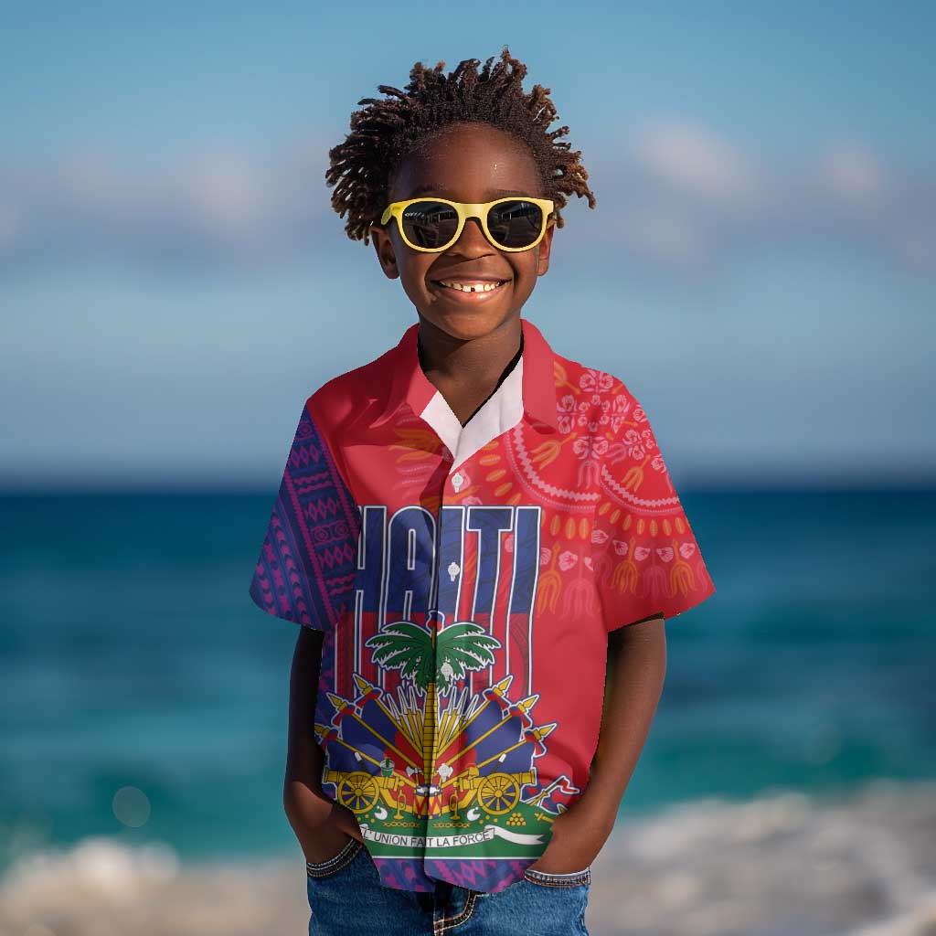 Haiti National Emblem Kid Hawaiian Shirt Dashiki and Polynesian Pattern