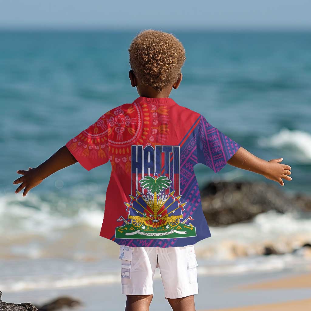 Haiti National Emblem Kid Hawaiian Shirt Dashiki and Polynesian Pattern