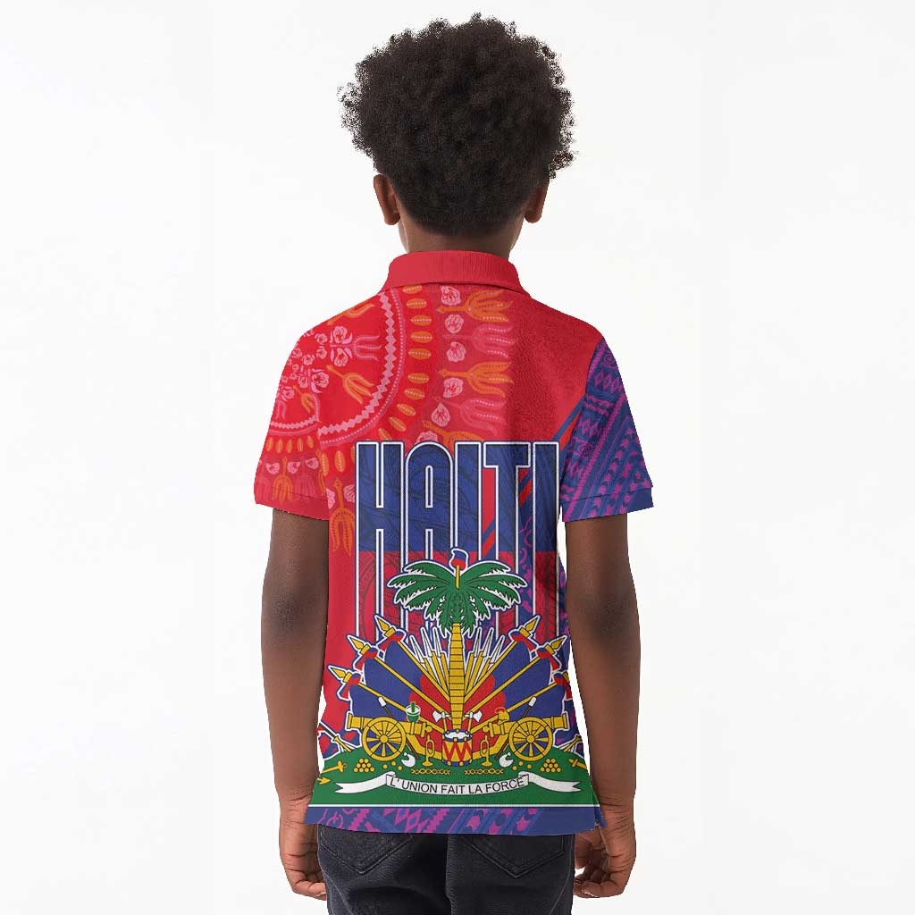 Haiti National Emblem Kid Polo Shirt Dashiki and Polynesian Pattern