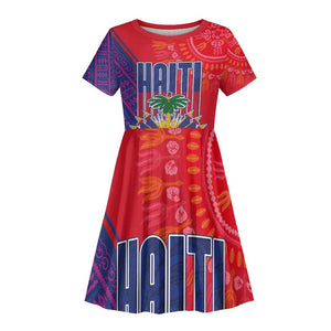 Haiti National Emblem Kid Short Sleeve Dress Dashiki and Polynesian Pattern