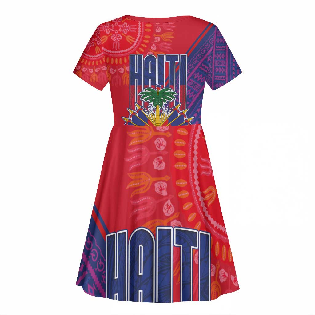 Haiti National Emblem Kid Short Sleeve Dress Dashiki and Polynesian Pattern