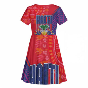 Haiti National Emblem Kid Short Sleeve Dress Dashiki and Polynesian Pattern