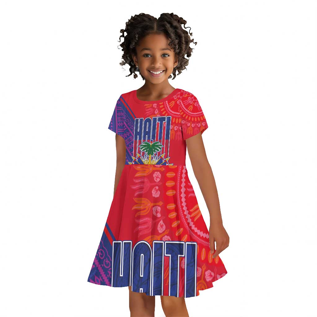 Haiti National Emblem Kid Short Sleeve Dress Dashiki and Polynesian Pattern