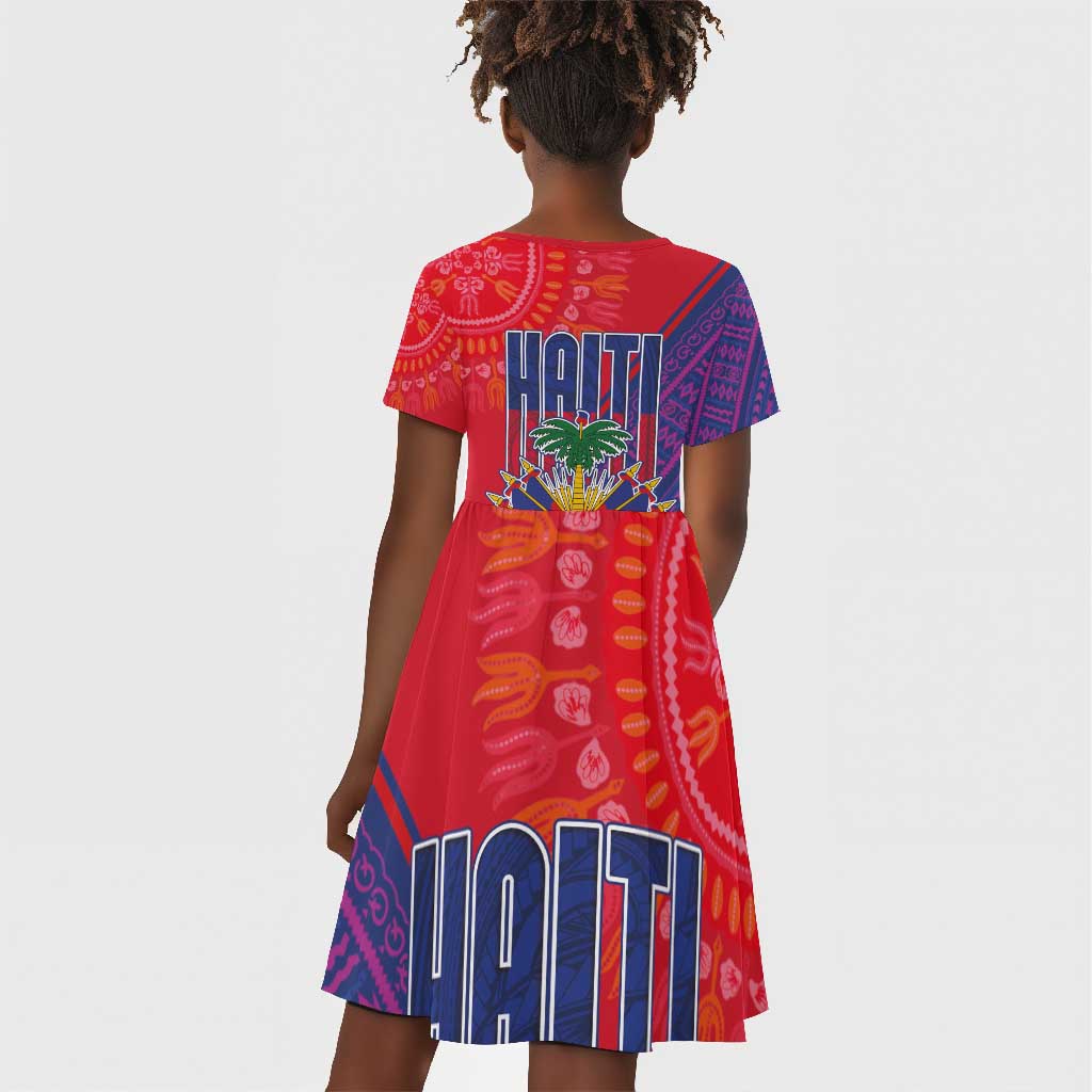 Haiti National Emblem Kid Short Sleeve Dress Dashiki and Polynesian Pattern