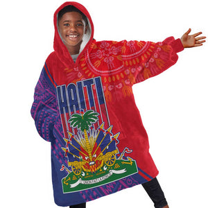 Haiti National Emblem Kid Wearable Blanket Hoodie Dashiki and Polynesian Pattern