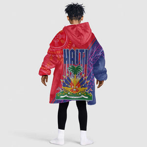Haiti National Emblem Kid Wearable Blanket Hoodie Dashiki and Polynesian Pattern