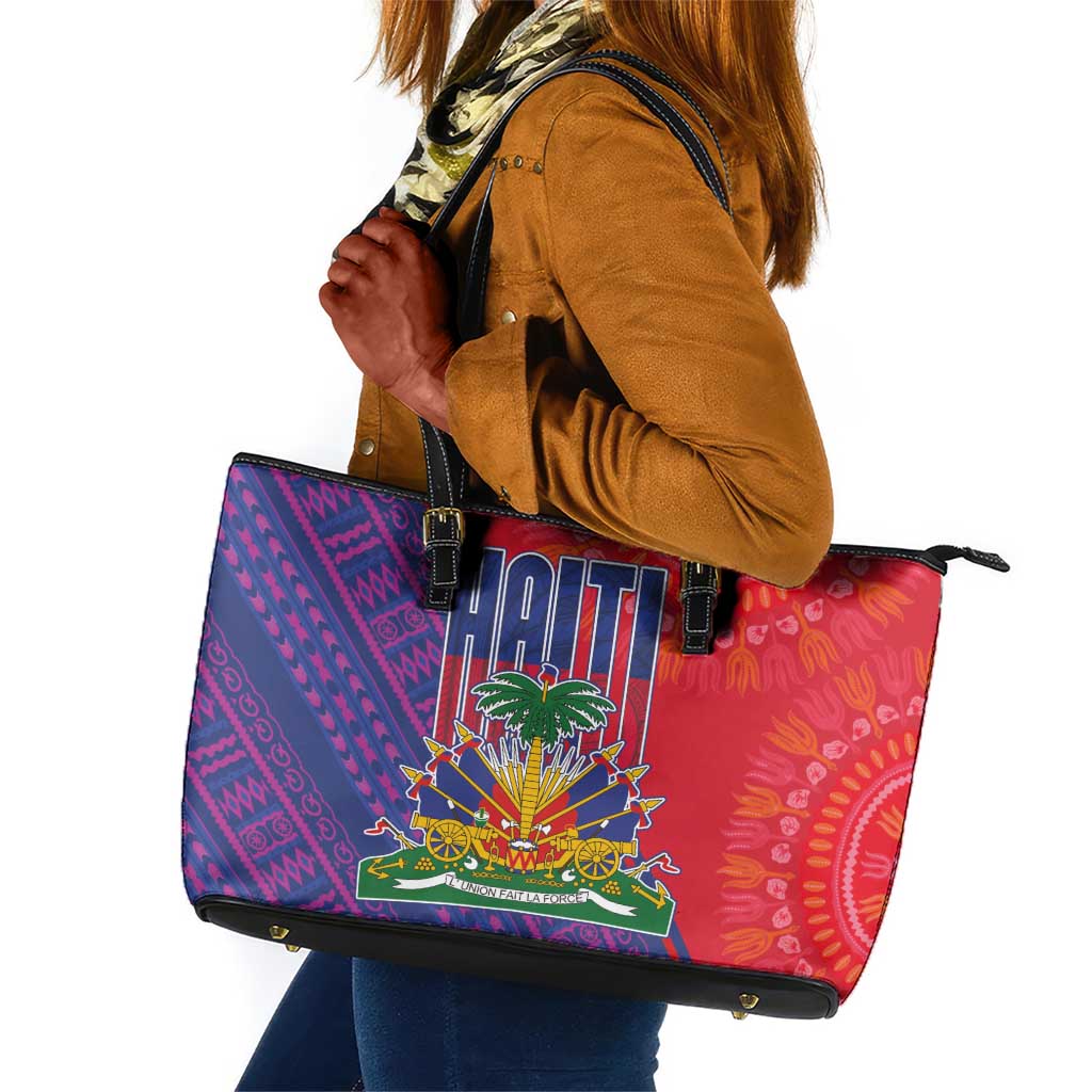 Haiti National Emblem Leather Tote Bag Dashiki and Polynesian Pattern