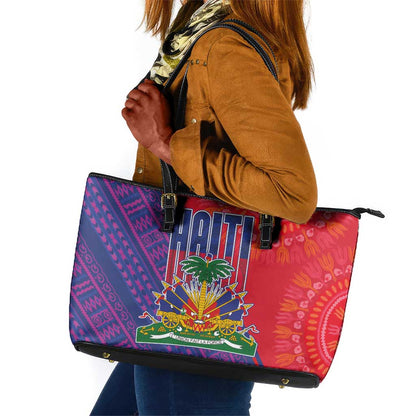 Haiti National Emblem Leather Tote Bag Dashiki and Polynesian Pattern