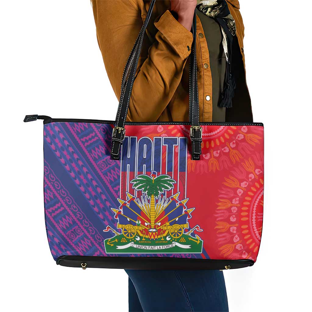 Haiti National Emblem Leather Tote Bag Dashiki and Polynesian Pattern