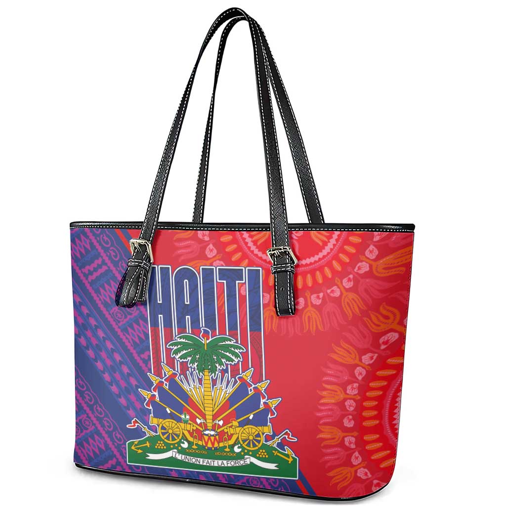 Haiti National Emblem Leather Tote Bag Dashiki and Polynesian Pattern