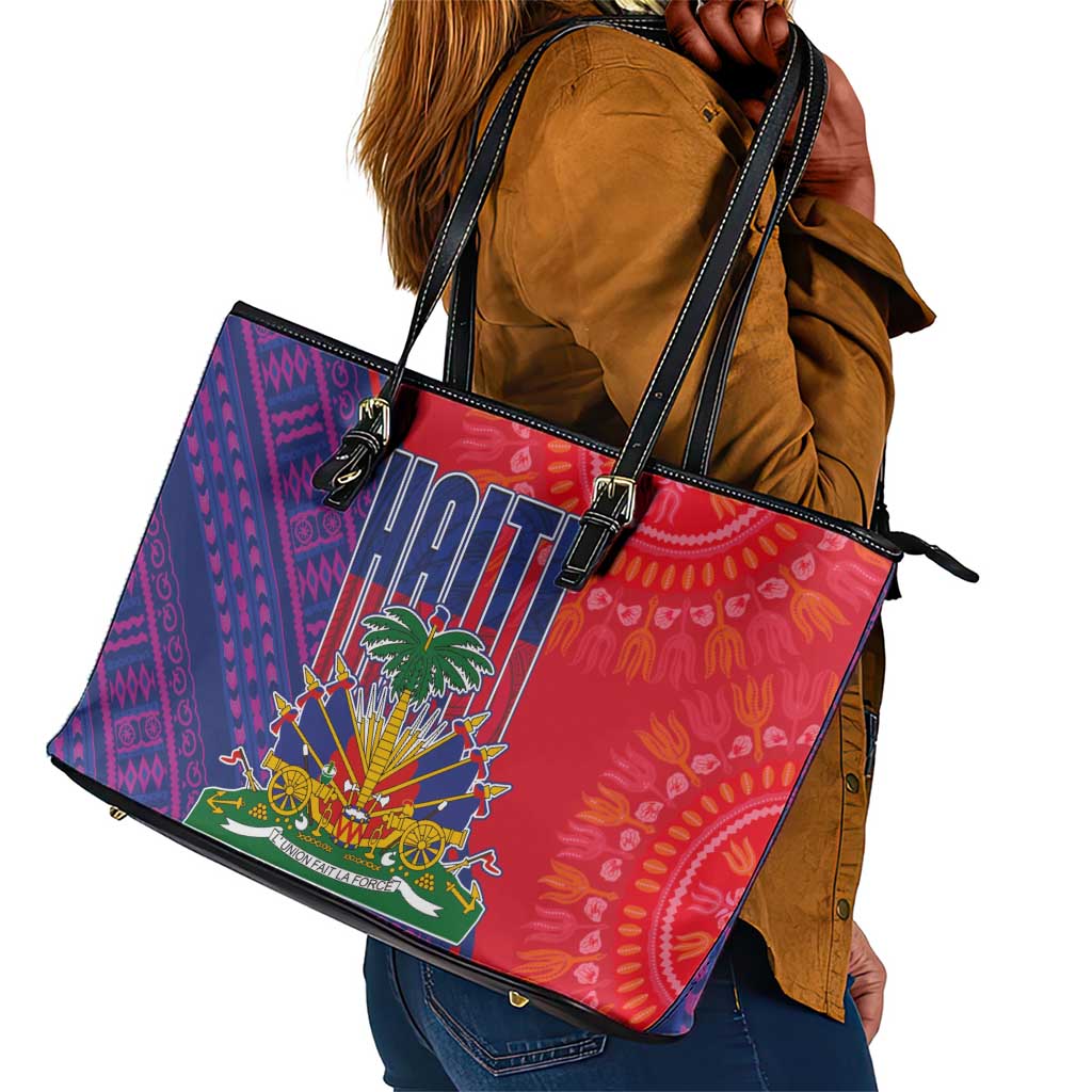 Haiti National Emblem Leather Tote Bag Dashiki and Polynesian Pattern