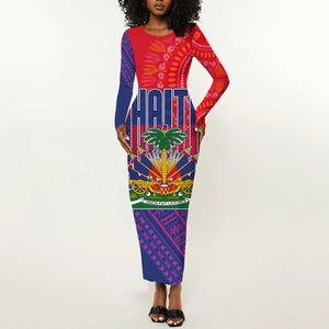 Haiti National Emblem Long Sleeve Bodycon Dress Dashiki and Polynesian Pattern LT03