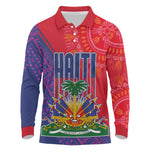 Haiti National Emblem Long Sleeve Polo Shirt Dashiki and Polynesian Pattern