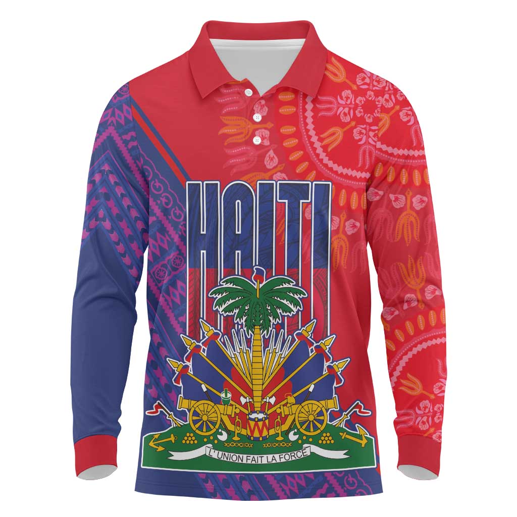 Haiti National Emblem Long Sleeve Polo Shirt Dashiki and Polynesian Pattern