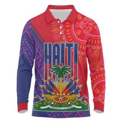 Haiti National Emblem Long Sleeve Polo Shirt Dashiki and Polynesian Pattern