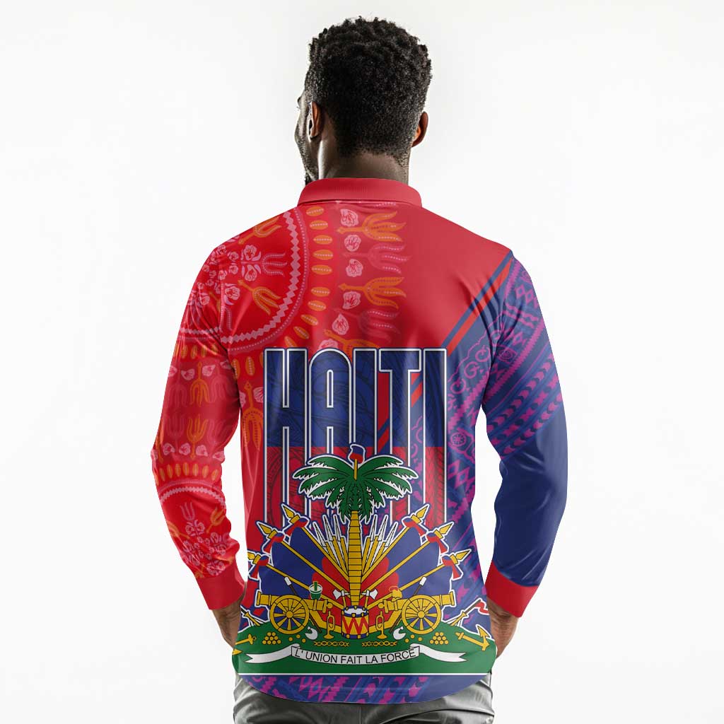 Haiti National Emblem Long Sleeve Polo Shirt Dashiki and Polynesian Pattern
