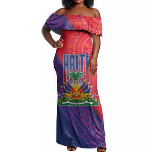 Haiti National Emblem Off Shoulder Maxi Dress Dashiki and Polynesian Pattern