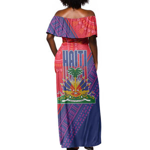Haiti National Emblem Off Shoulder Maxi Dress Dashiki and Polynesian Pattern