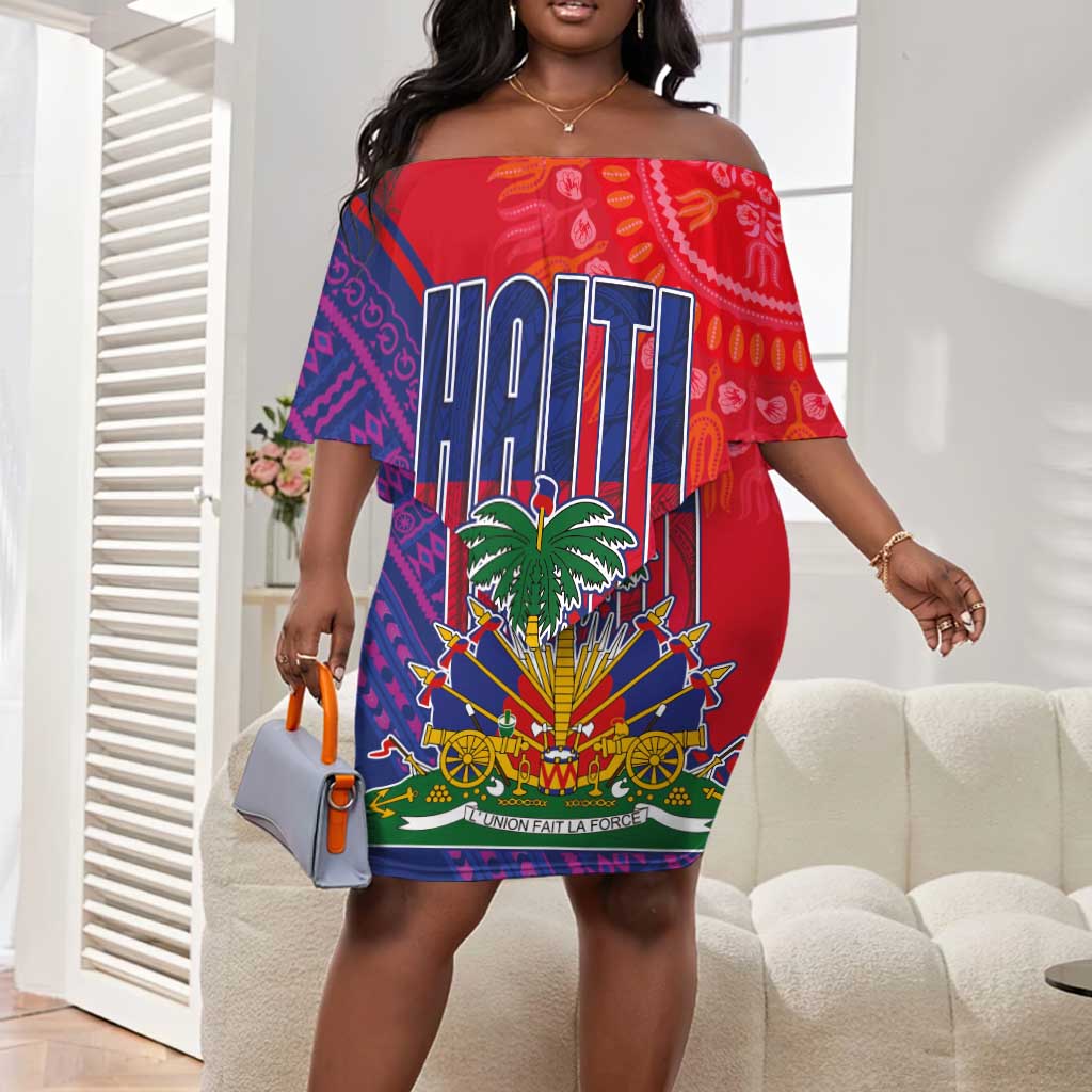 Haiti National Emblem Off Shoulder Short Dress Dashiki and Polynesian Pattern