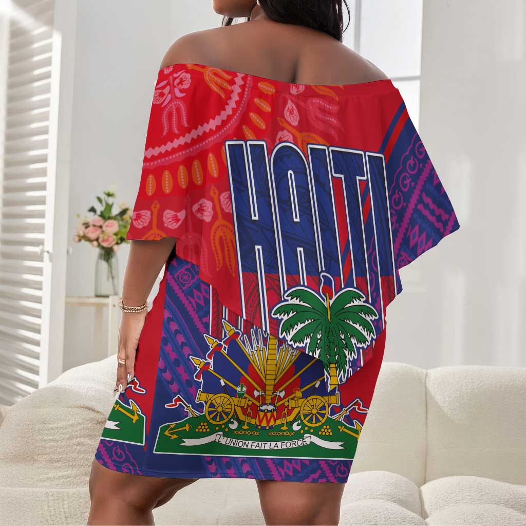 Haiti National Emblem Off Shoulder Short Dress Dashiki and Polynesian Pattern