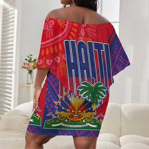Haiti National Emblem Off Shoulder Short Dress Dashiki and Polynesian Pattern
