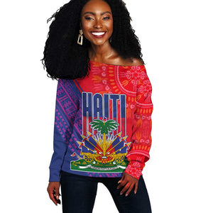 Haiti National Emblem Off Shoulder Sweater Dashiki and Polynesian Pattern