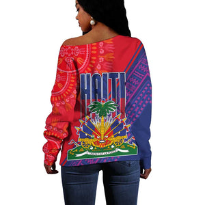 Haiti National Emblem Off Shoulder Sweater Dashiki and Polynesian Pattern