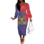 Haiti National Emblem Off The Shoulder Long Sleeve Dress Dashiki and Polynesian Pattern