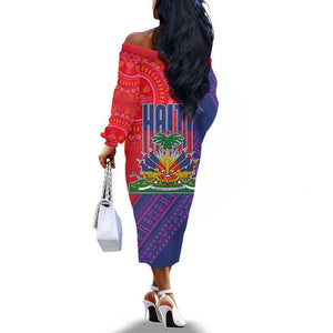 Haiti National Emblem Off The Shoulder Long Sleeve Dress Dashiki and Polynesian Pattern
