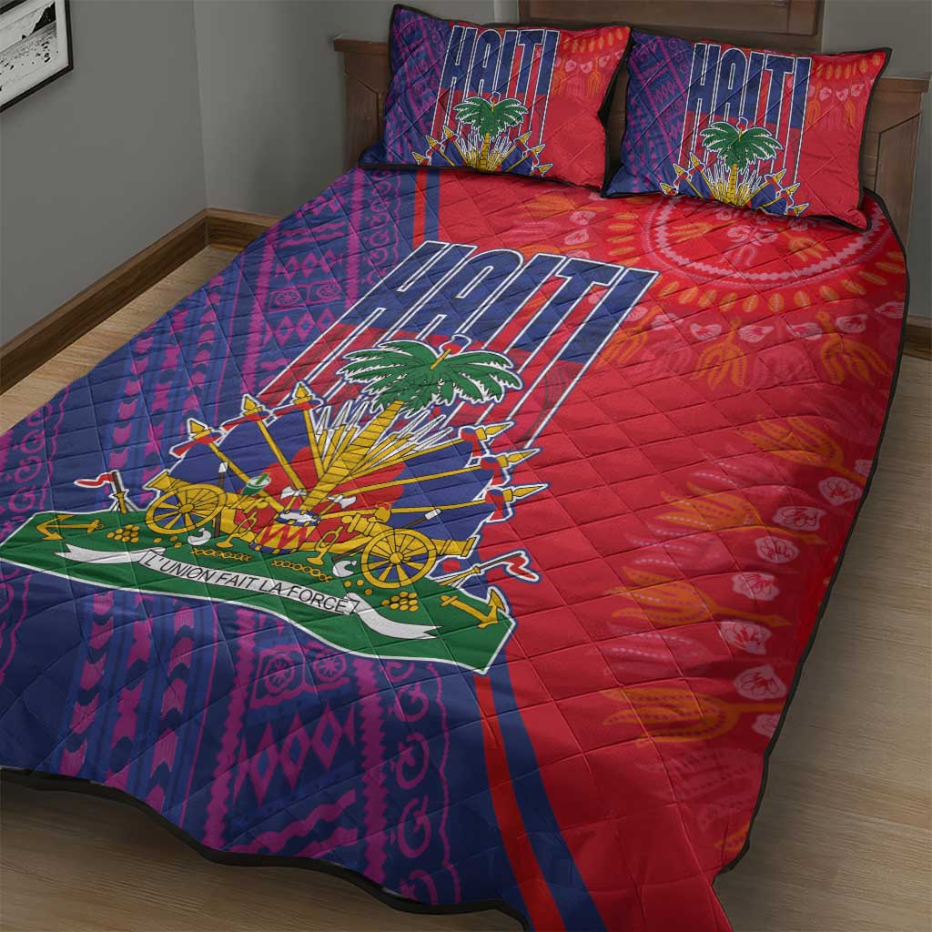 Haiti National Emblem Quilt Bed Set Dashiki and Polynesian Pattern