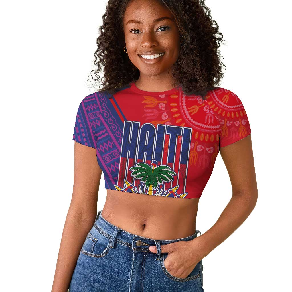 Haiti National Emblem Raglan Cropped T shirt Dashiki and Polynesian Pattern
