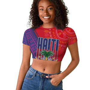 Haiti National Emblem Raglan Cropped T shirt Dashiki and Polynesian Pattern