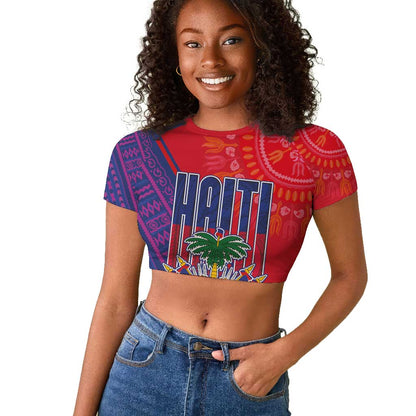 Haiti National Emblem Raglan Cropped T shirt Dashiki and Polynesian Pattern