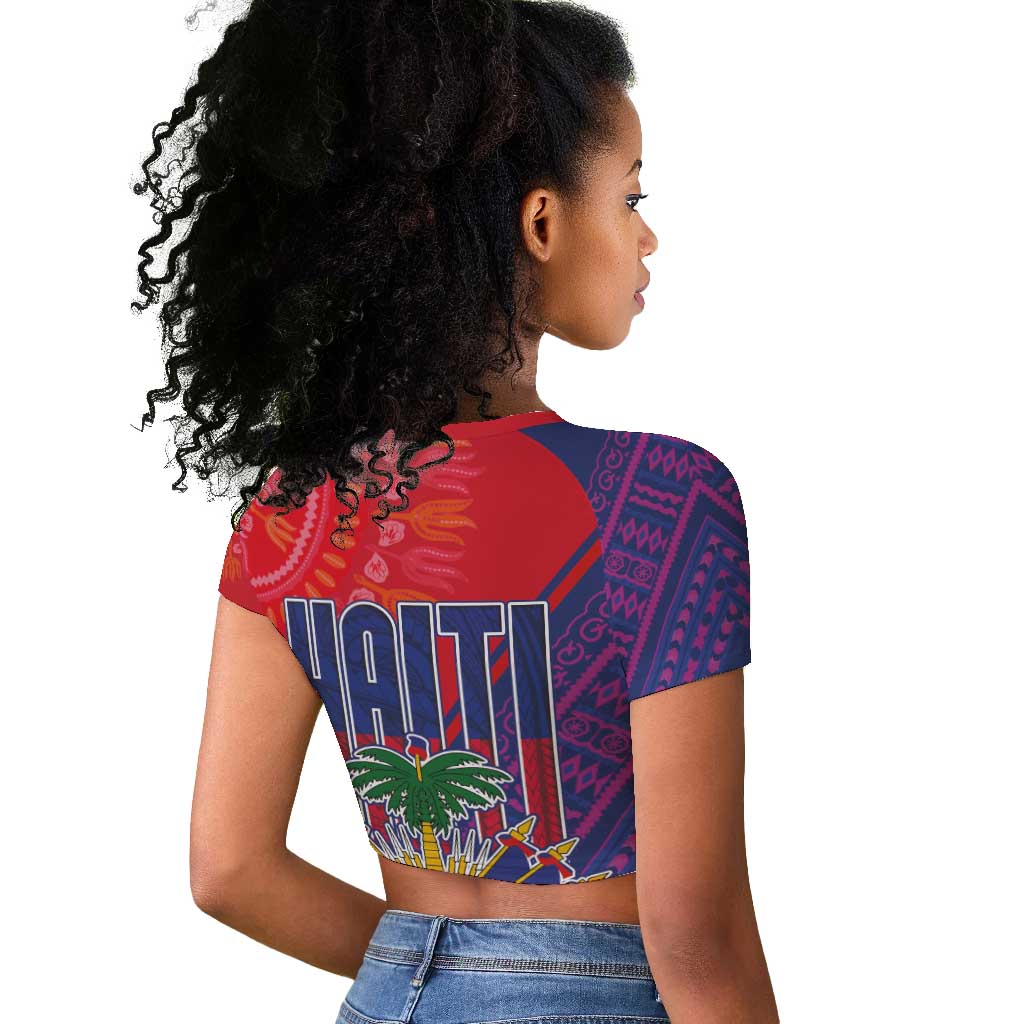 Haiti National Emblem Raglan Cropped T shirt Dashiki and Polynesian Pattern