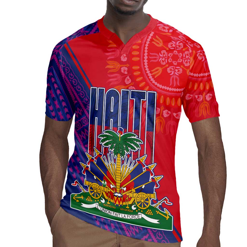 Haiti National Emblem Rugby Jersey Dashiki and Polynesian Pattern