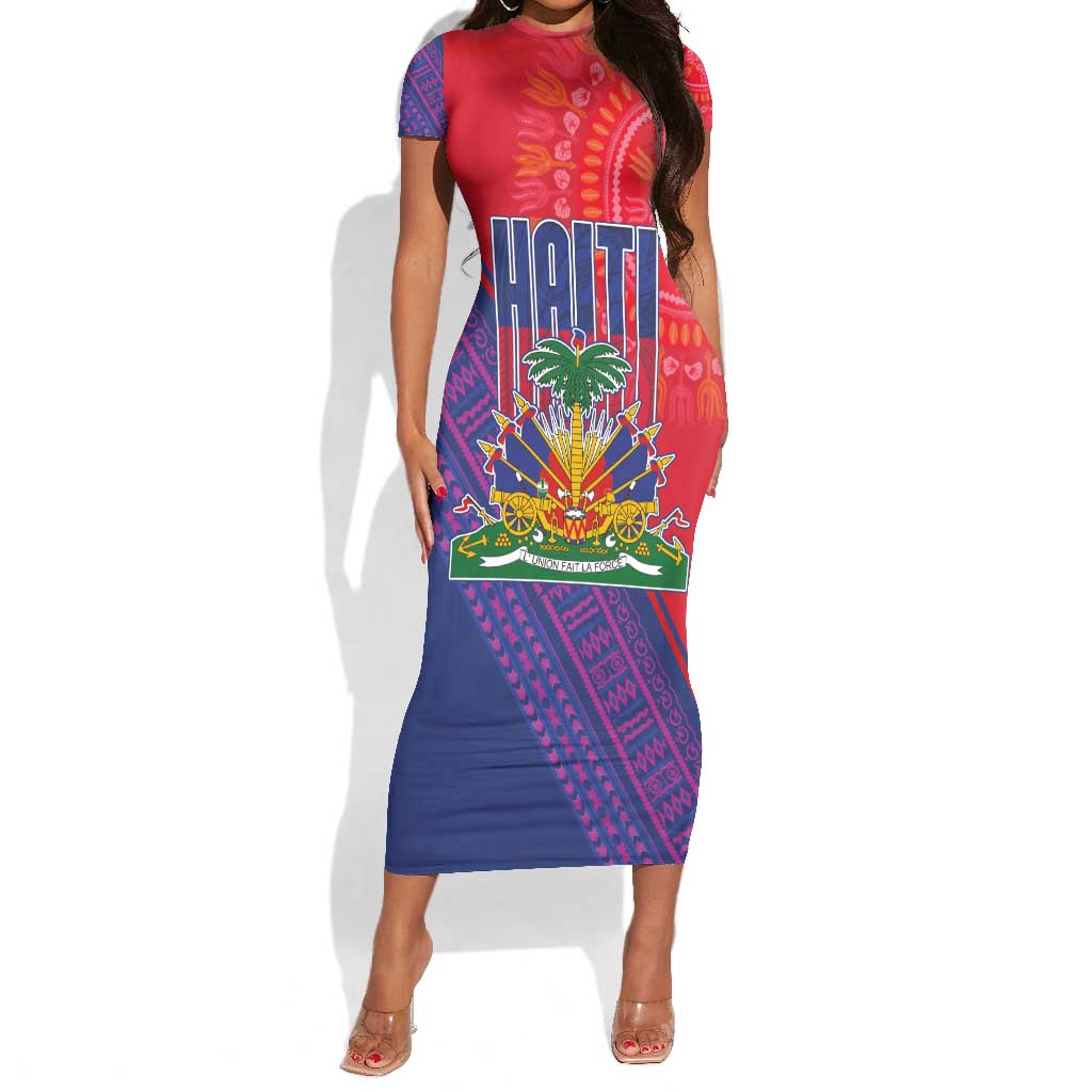 Haiti National Emblem Short Sleeve Bodycon Dress Dashiki and Polynesian Pattern LT03