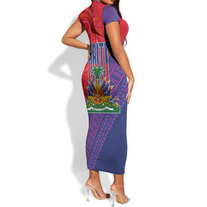 Haiti National Emblem Short Sleeve Bodycon Dress Dashiki and Polynesian Pattern LT03