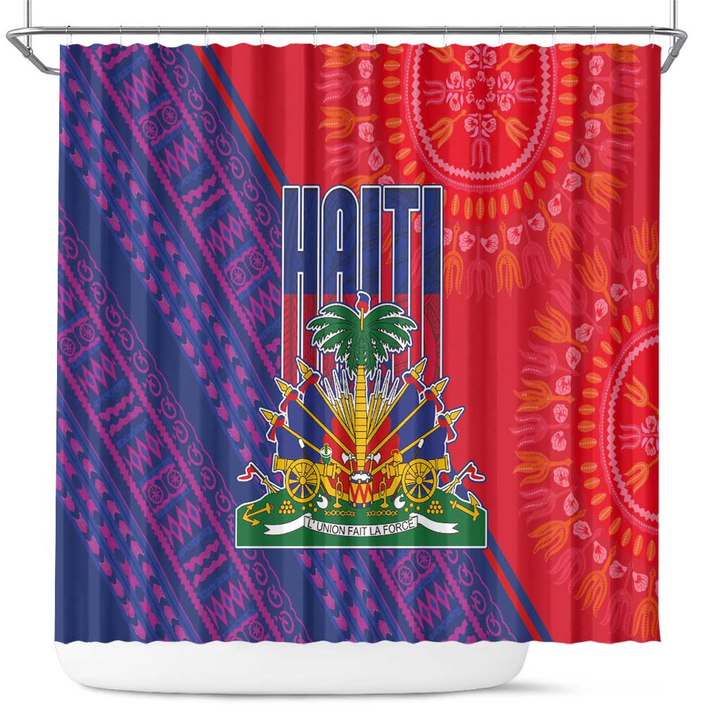 Haiti National Emblem Shower Curtain Dashiki and Polynesian Pattern
